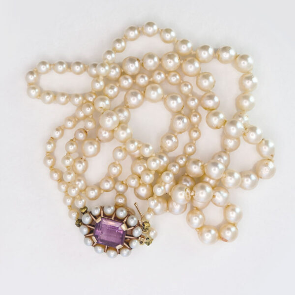 Cultured-Graduated-Double-Strand-Pearl-Necklace-With-9-Carat-Amethyst-And-Pearl-Clasp-1 Cultured Graduated Double Strand Pearl Necklace With 9 Carat Amethyst And Pearl Clasp