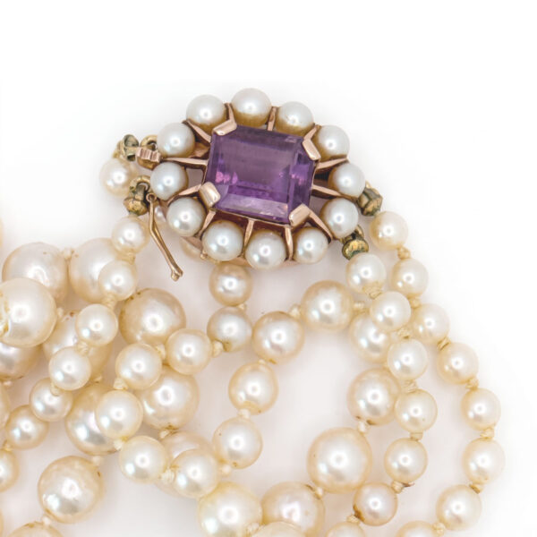 Cultured-Graduated-Double-Strand-Pearl-Necklace-With-9-Carat-Amethyst-And-Pearl-Clasp-5 Cultured Graduated Double Strand Pearl Necklace With 9 Carat Amethyst And Pearl Clasp