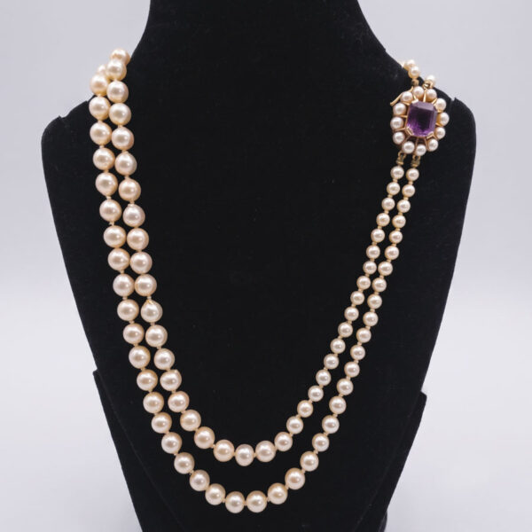 Cultured-Graduated-Double-Strand-Pearl-Necklace-With-9-Carat-Amethyst-And-Pearl-Clasp-6 Cultured Graduated Double Strand Pearl Necklace With 9 Carat Amethyst And Pearl Clasp