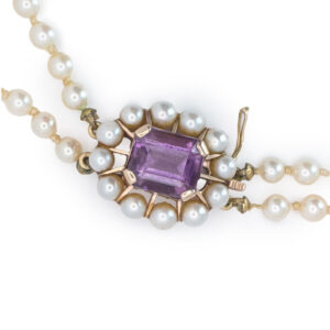 Cultured-Graduated-Double-Strand-Pearl-Necklace-With-9-Carat-Amethyst-And-Pearl-Clasp-7 Cultured Graduated Double Strand Pearl Necklace With 9 Carat Amethyst And Pearl Clasp