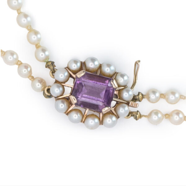 Cultured-Graduated-Double-Strand-Pearl-Necklace-With-9-Carat-Amethyst-And-Pearl-Clasp-7 Cultured Graduated Double Strand Pearl Necklace With 9 Carat Amethyst And Pearl Clasp