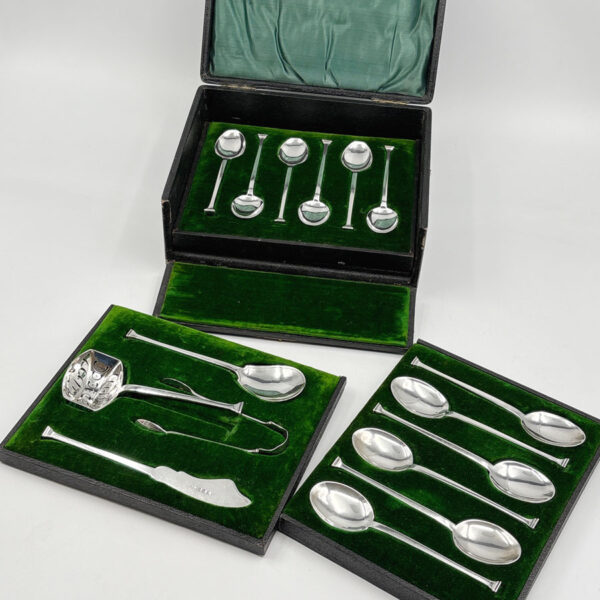 Hallmarked Silver Birmingham 1912 Art Deco Tea Spoon And Serving Set