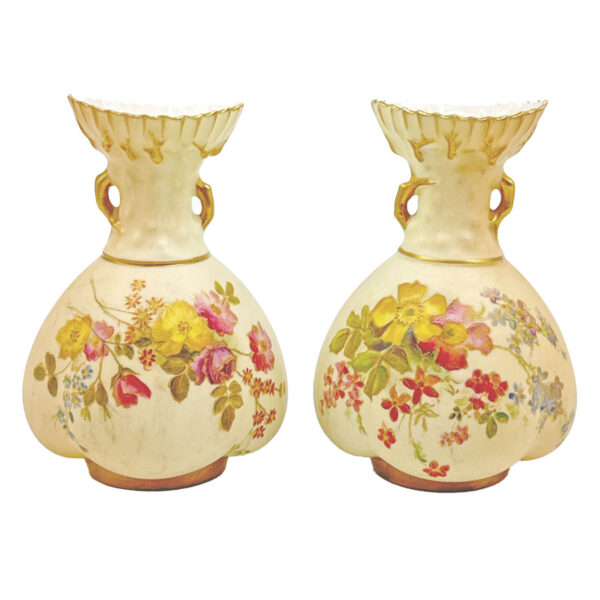 Royal Worcester Blush Ivory Near Pair Of Vases Spring Flowers C1927
