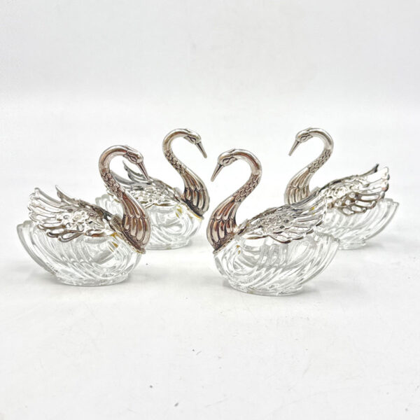 Silver-And-Cut-Glass-Set-Of-Four-Table-Swan-Salts-4 Silver And Cut Glass Set Of Four Table Swan Salts