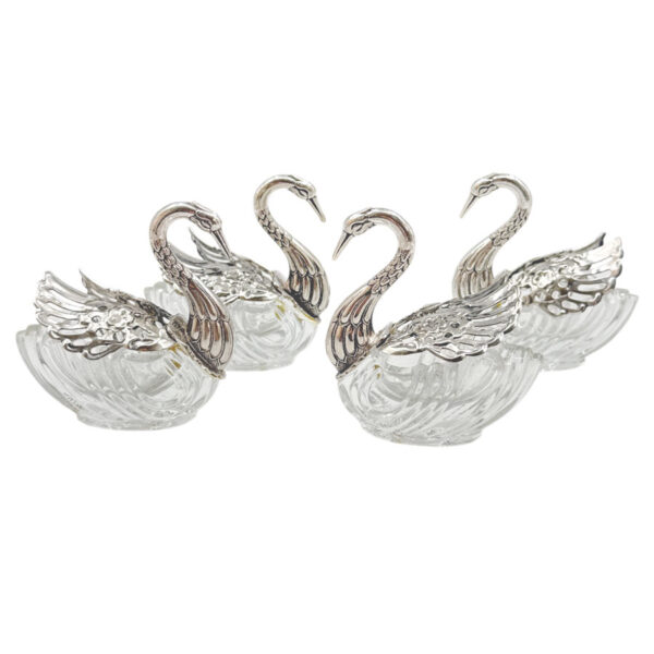 Silver-And-Cut-Glass-Set-Of-Four-Table-Swan-Salts Silver And Cut Glass Set Of Four Table Swan Salts
