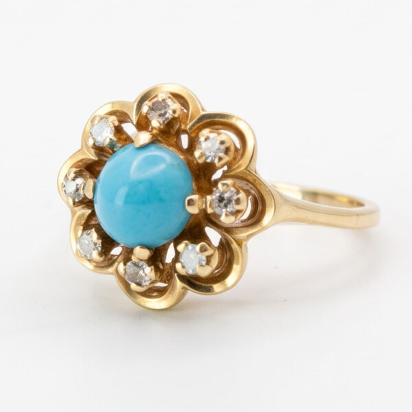 14ct Gold Diamond and Turquoise Flower Ring