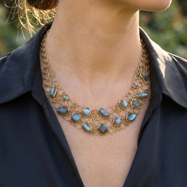 Käthe Ruckenbrod Hand Forged Modernist Moonstone 14ct Gold Necklace Collar C1960