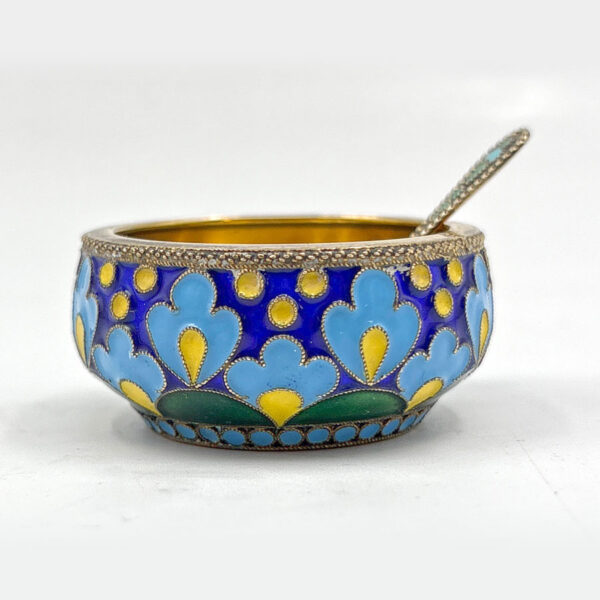 Russian-Silver-Enamel-and-Gilt-Salt-and-Spoon-C1970-1 Russian Silver Enamel and Gilt Salt and Spoon C1970