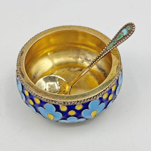 Russian-Silver-Enamel-and-Gilt-Salt-and-Spoon-C1970-2 Russian Silver Enamel and Gilt Salt and Spoon C1970