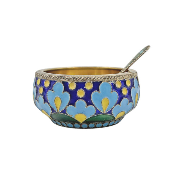 Russian-Silver-Enamel-and-Gilt-Salt-and-Spoon-C1970 Russian Silver Enamel and Gilt Salt and Spoon C1970