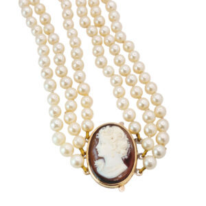 Vintage-Cultured-Pearl-and-Carved-Cameo-Clasp-Three-Strand-Necklace Vintage Cultured Pearl and Carved Cameo Clasp Three Strand Necklace