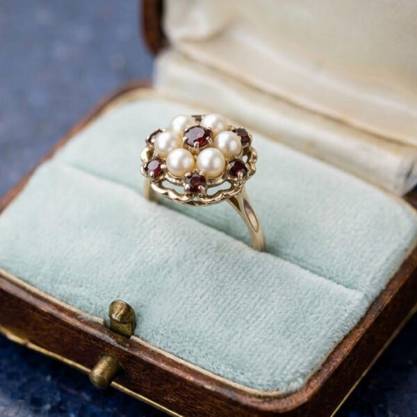 9ct Gold Garnet and Pearl Cluster Ring c1970