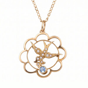 Edwardian 9ct Rose Gold and Seed Pearl And Topaz Swallow Pendant On Chain C1910