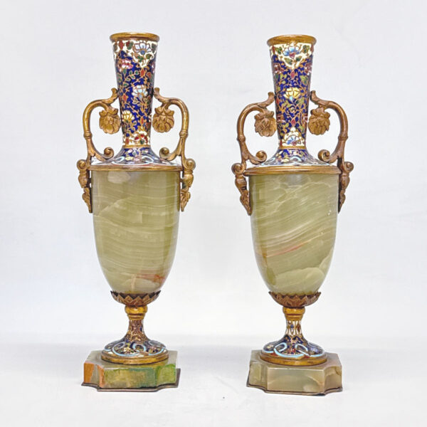 Pair-Decorative-19th-Century-French-Champleve-and-Onyx-Urns-1 Pair Decorative 19th Century French Champlevé and Onyx Urns
