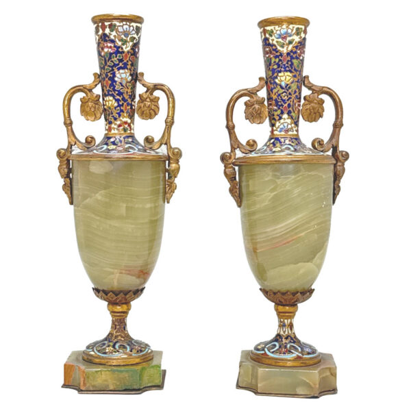 Pair-Decorative-19th-Century-French-Champleve-and-Onyx-Urns Pair Decorative 19th Century French Champlevé and Onyx Urns